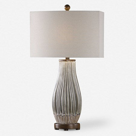 Uttermost Katerini Set of 2 Textured Gray Ceramic Table Lamps With Beige Linen Shades - Image 1