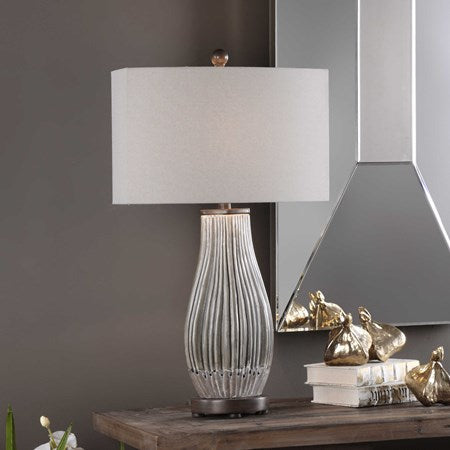 Uttermost Katerini Set of 2 Textured Gray Ceramic Table Lamps With Beige Linen Shades - Image 2