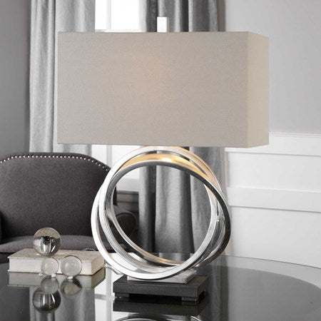 Uttermost Soroca Metallic Silver Leaf Table Lamp With Light Beige Linen Shade - Image 1