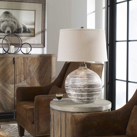 Uttermost Bloxom Dark Mocha Bronze Glazed Textured Ceramiv Table Lamp With Oatmeal Linen Shade - Image 2