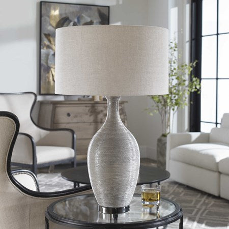 Uttermost Dinah Gray Glazed Ceramic Table Lamp With Light Beige Linen Shade - Image 1