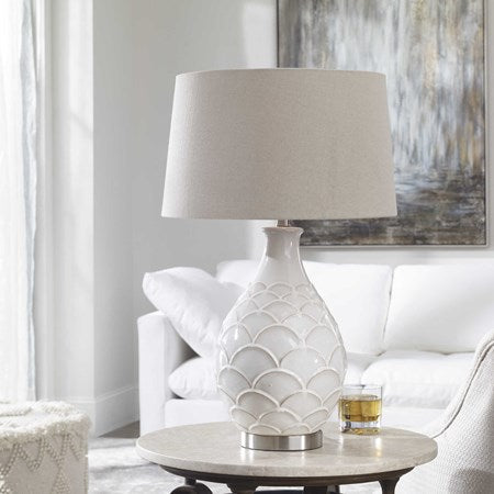 Uttermost Camellia Gloss White Glazed Embossed Ceramic Table Lamp With Oatmeal Linen Shade - Image 1