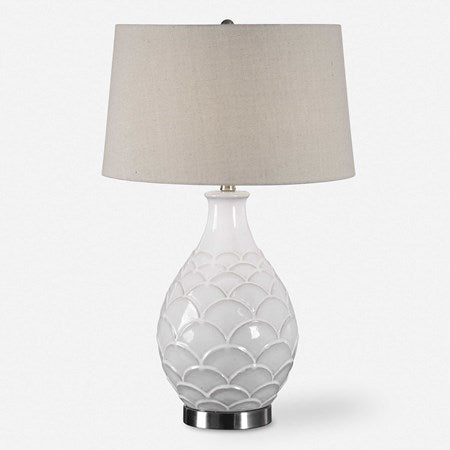 Uttermost Camellia Gloss White Glazed Embossed Ceramic Table Lamp With Oatmeal Linen Shade - Image 2