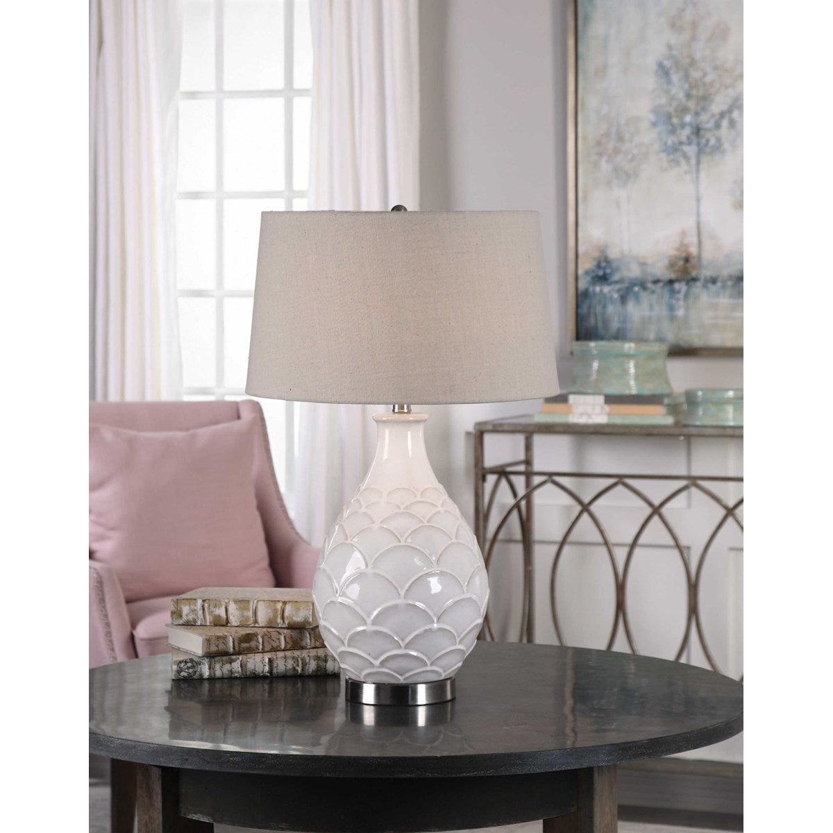 Uttermost Camellia Gloss White Glazed Embossed Ceramic Table Lamp With Oatmeal Linen Shade - Image 3
