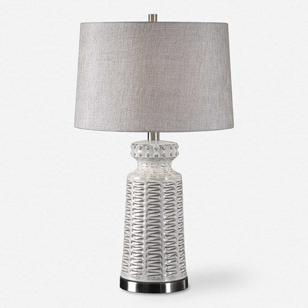 Uttermost Kansa Gloss White Glaze Table Lamp With Beige Linen Shade - Image 2