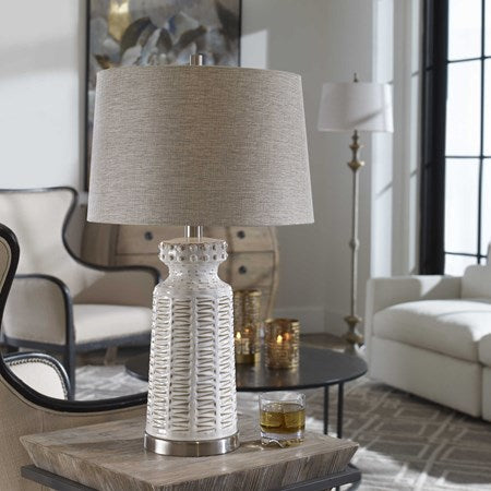 Uttermost Kansa Gloss White Glaze Table Lamp With Beige Linen Shade - Image 3