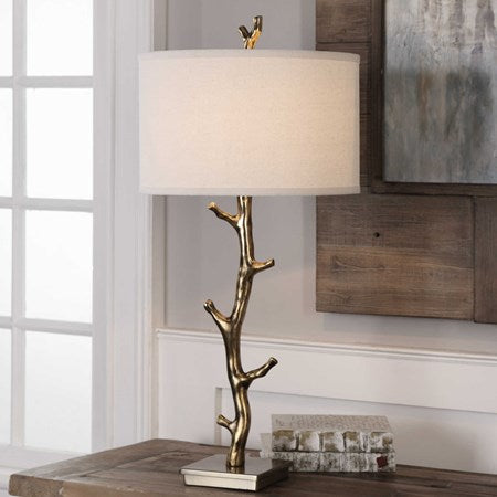 Uttermost Javor Antiqued Gold Tree Branch Table Lamp With Ivory Linen Shade - Image 1
