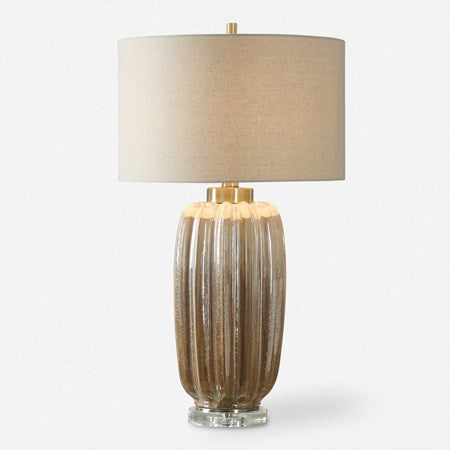 Uttermost Gistova Ivory and Rust Brown Glazed Ribbed Ceramic Table Lamp With Linen Shade - Image 2