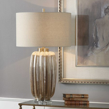 Uttermost Gistova Ivory and Rust Brown Glazed Ribbed Ceramic Table Lamp With Linen Shade - Image 1