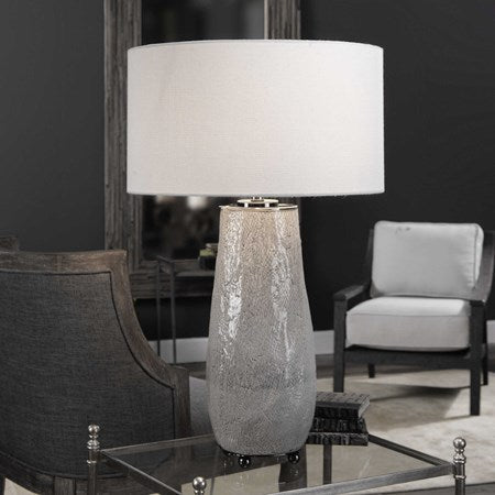 Uttermost Balkana Aged Gray Glazed Ceramic Table Lamp With Light Khaki Linen Shade - Image 1