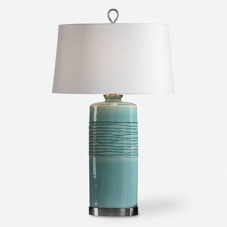 Uttermost Rila Teal Glazed Ceramic Table Lamp With Off-White Linen Shade - Image 2