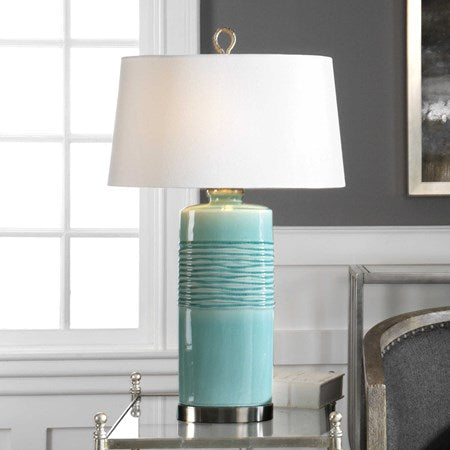 Uttermost Rila Teal Glazed Ceramic Table Lamp With Off-White Linen Shade - Image 1