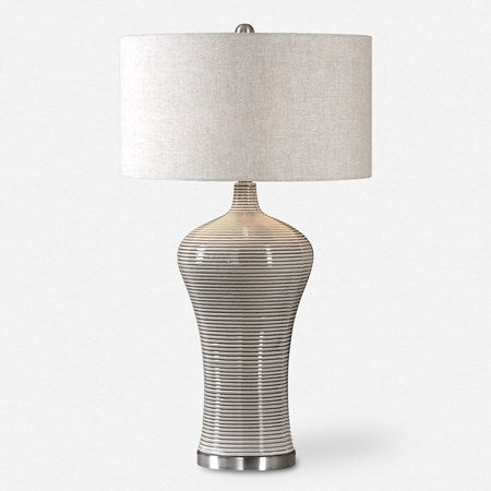 Uttermost Dubrava Light Gray Glazed Ribbed Ceramic Table Lamp With Oatmeal Linen Shade - Image 2