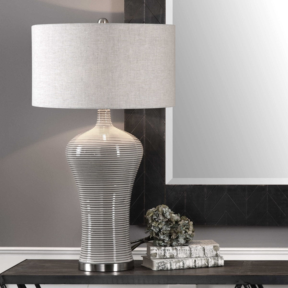 Uttermost Dubrava Light Gray Glazed Ribbed Ceramic Table Lamp With Oatmeal Linen Shade - Image 3