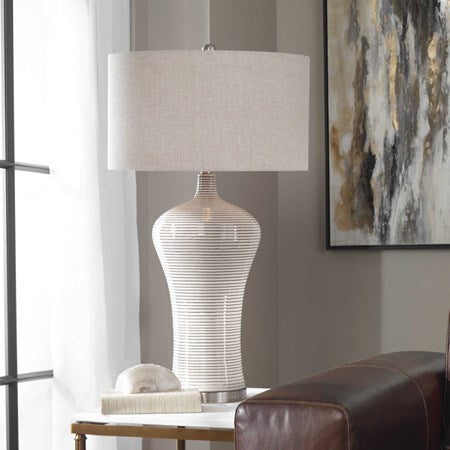Uttermost Dubrava Light Gray Glazed Ribbed Ceramic Table Lamp With Oatmeal Linen Shade - Image 1