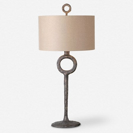Uttermost Ferro Aged Rust Bronze Iron Table Lamp With Beige Linen Shade - Image 2