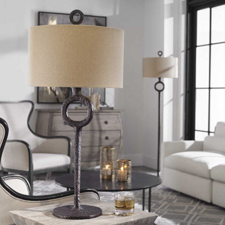Uttermost Ferro Aged Rust Bronze Iron Table Lamp With Beige Linen Shade - Image 1