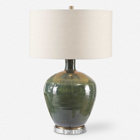 Uttermost Elva Emerald Green Glazed Ceramic Table Lamp With Beige Linen Shade - Image 2