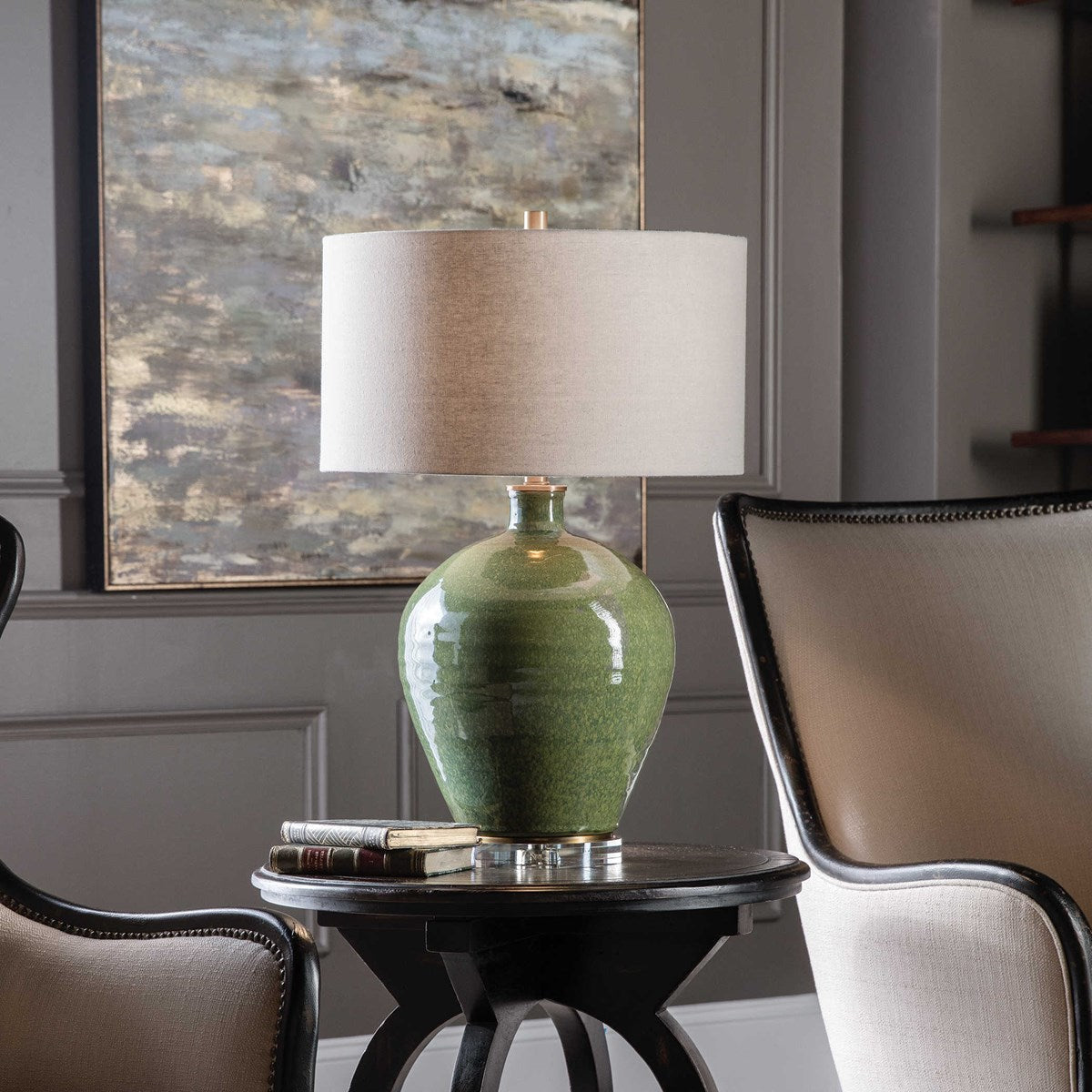 Uttermost Elva Emerald Green Glazed Ceramic Table Lamp With Beige Linen Shade - Image 1