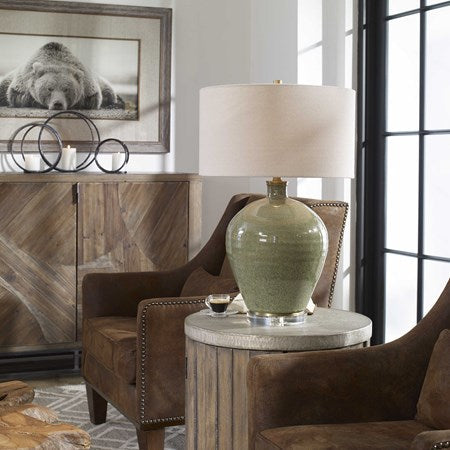 Uttermost Elva Emerald Green Glazed Ceramic Table Lamp With Beige Linen Shade - Image 3