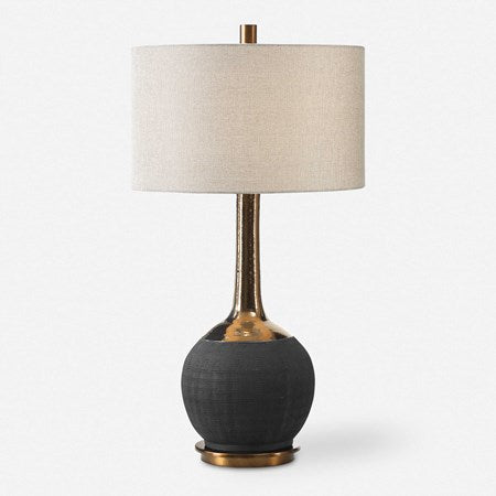Uttermost Arnav Matte Black and Golden Bronze Table Lamp With Light Gray Linen Drum Shade - Image 3