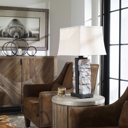Uttermost Kodiak Stacked Stone Outdoor Table Lamp With Weather Resistant Fabric Shade - Image 3