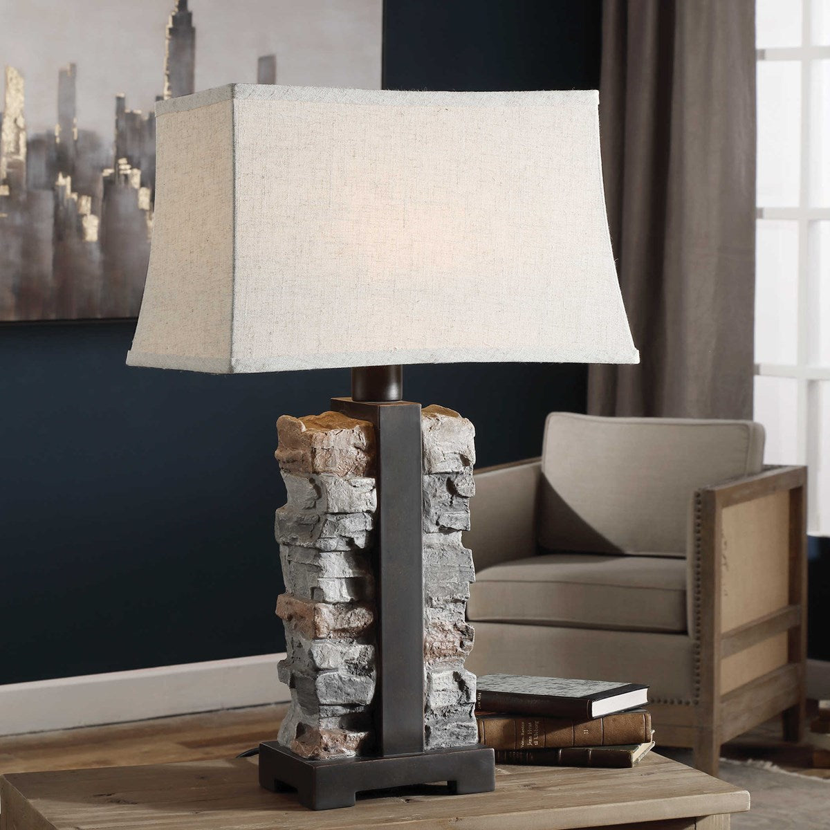 Uttermost Kodiak Stacked Stone Outdoor Table Lamp With Weather Resistant Fabric Shade - Image 1