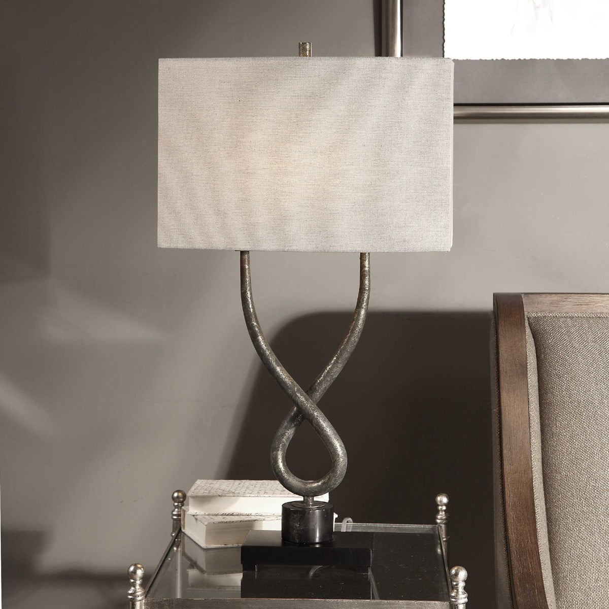 Uttermost Talema Aged Silver Table Lamp With Beige Linen Shade - Image 1