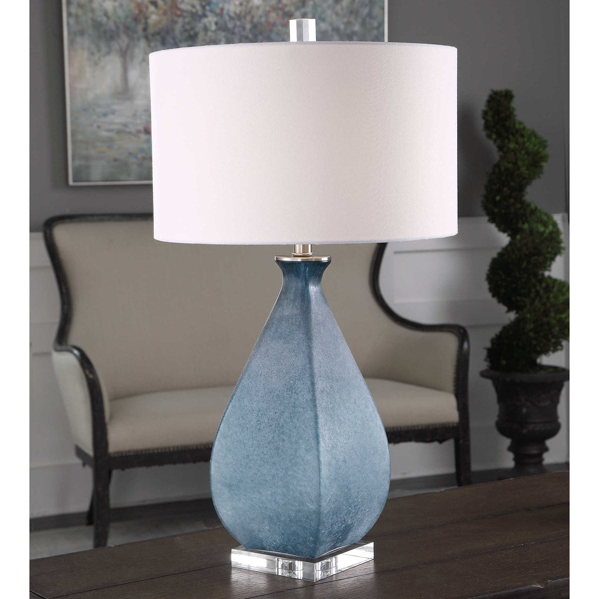 Uttermost Atlantica Ocean Blue Glass Table Lamp With White Linen Drum Shade - Image 3