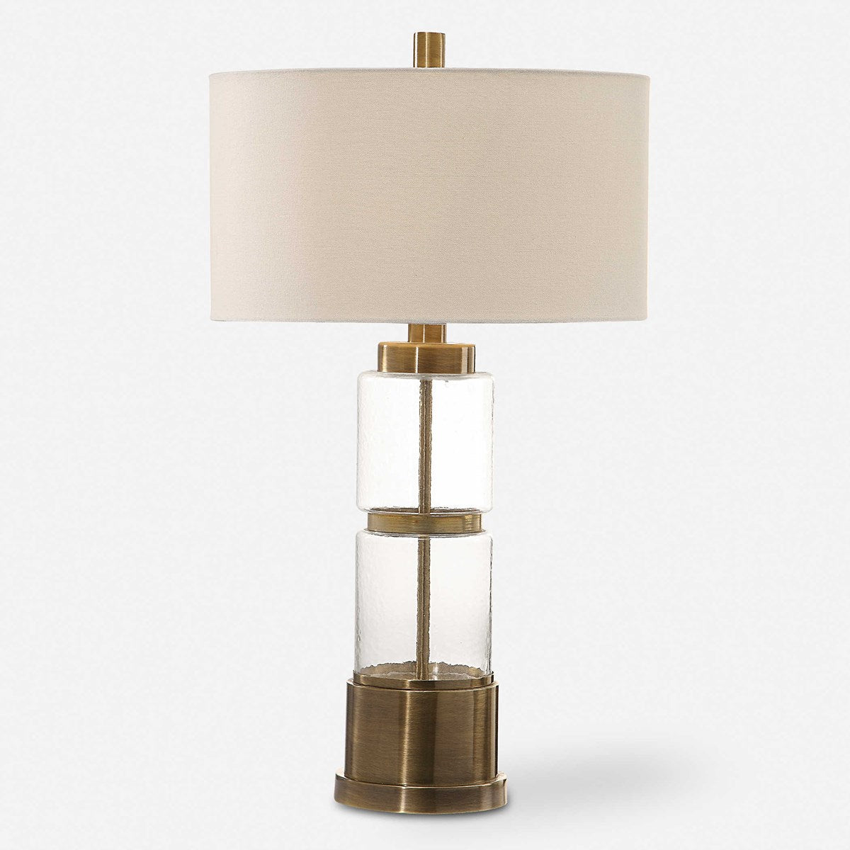 Uttermost Vaiga Antique Brass and Clear Glass Table Lamp With White Linen Shade - Image 3