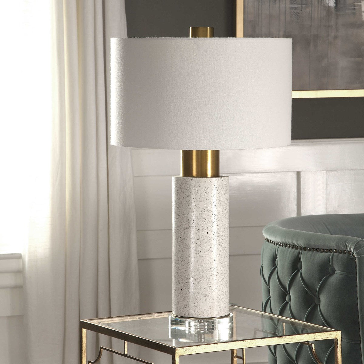 Uttermost Vaeshon Brushed Brass and Crystal Concrete Table Lamp With White Linen Shade - Image 1