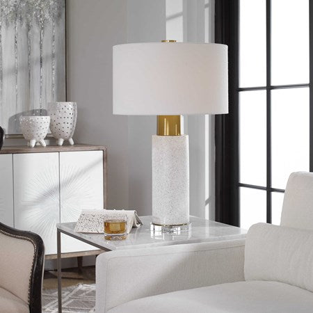 Uttermost Vaeshon Brushed Brass and Crystal Concrete Table Lamp With White Linen Shade - Image 3