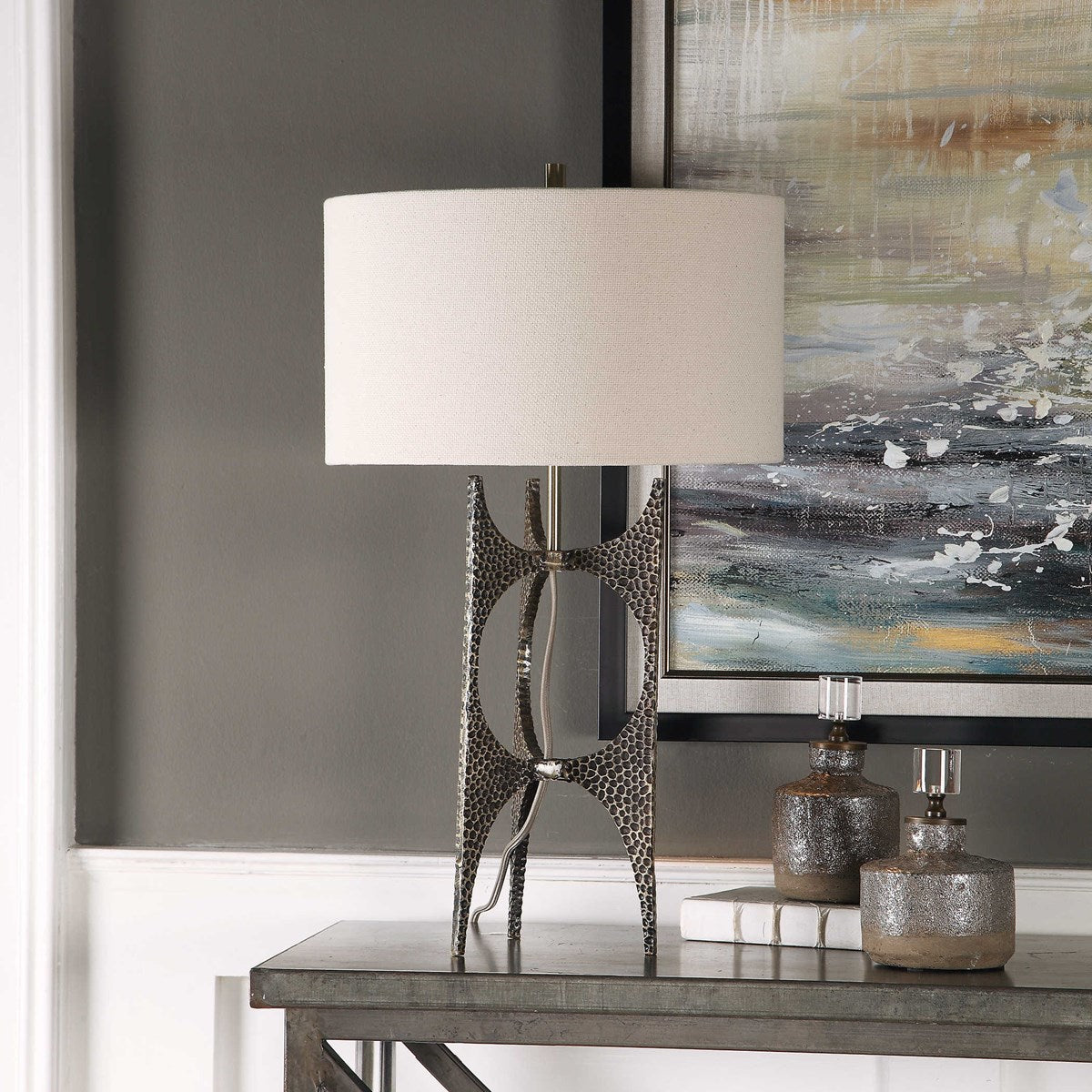 Uttermost Goldia Antiqued Bronze Iron Contemporary Table Lamp With White Linen Shade - Image 1