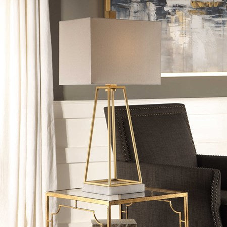 Uttermost Mackean Metallic Gold and Crystal Table Lamp With White Linen Shade - Image 1