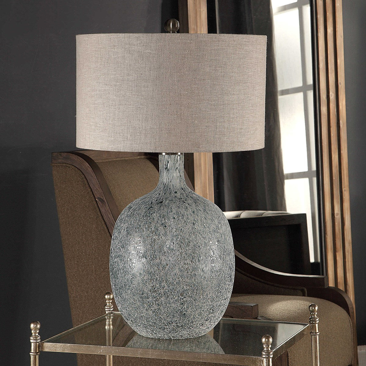 Uttermost Oceaonna Blue Green Glass Table Lamp With Beige Linen Lamp - Image 3
