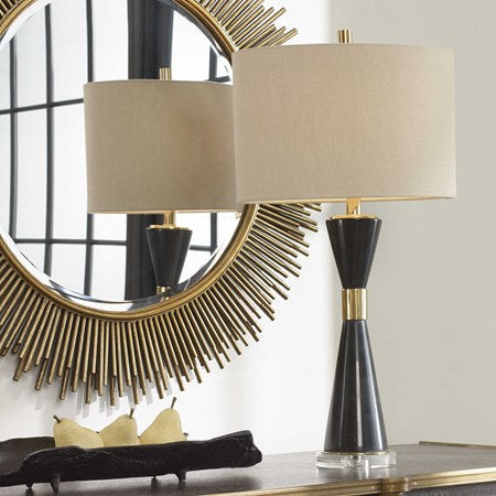 Uttermost Alastair Black Marble and Gold Hourglass Table Lamp With Beige Linen Shade - Image 1