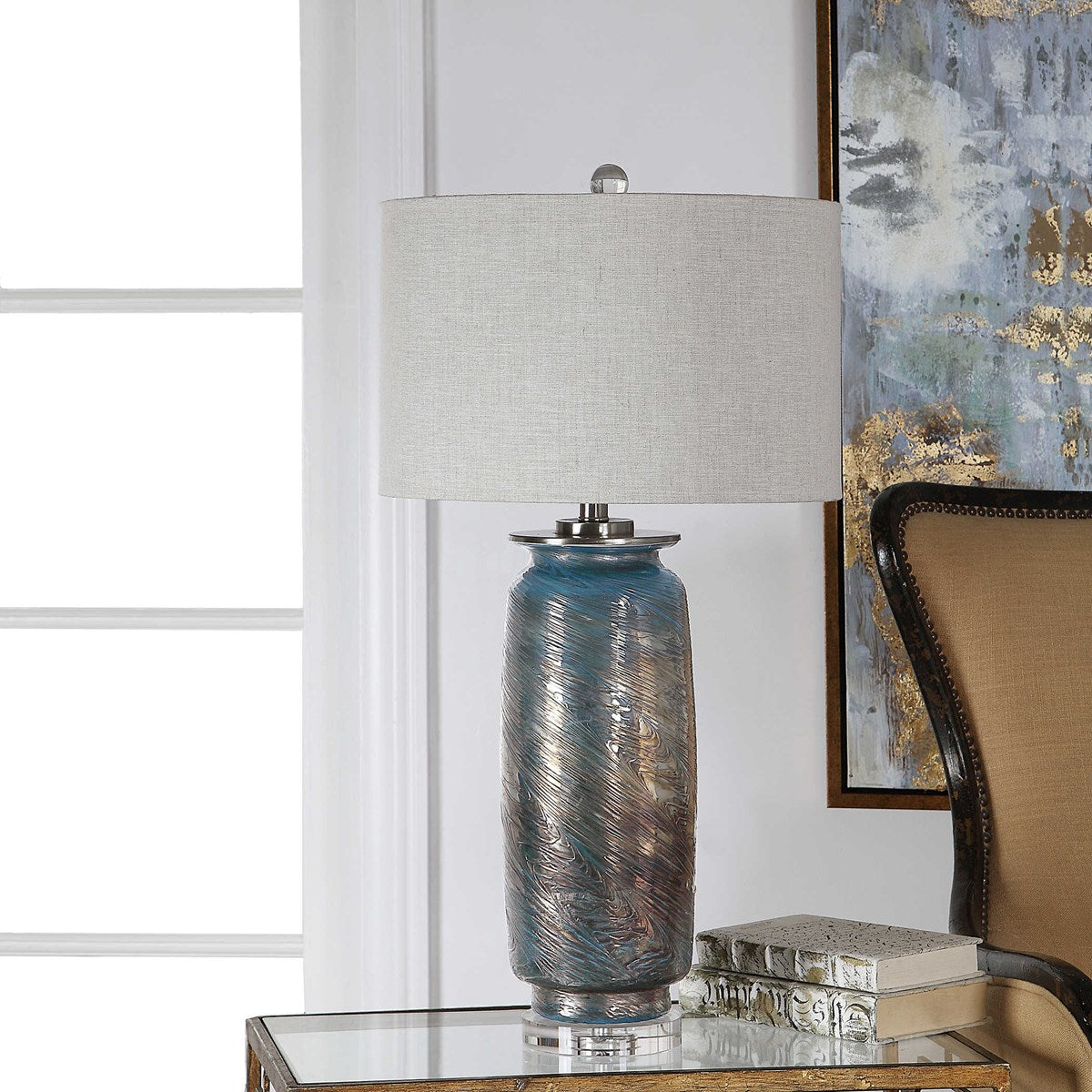 Uttermost Olesya Ocean Blue and Metallic Bronze Table Lamp With Beige Linen Shade - Image 1