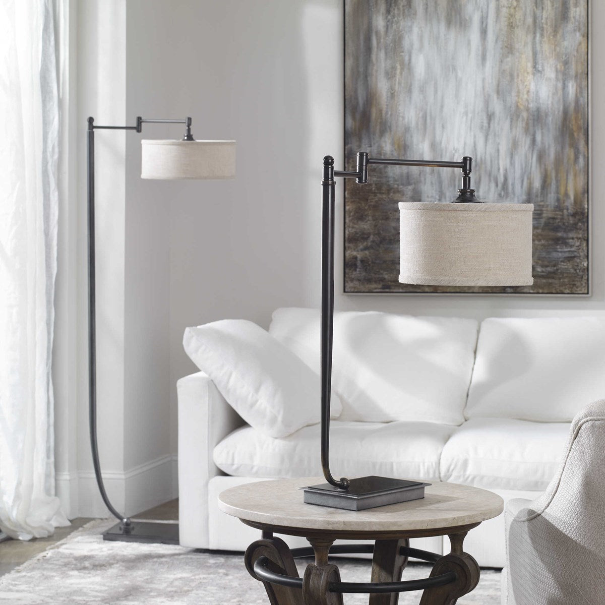 Uttermost Lamine Dark Bronze Floor Lamp With Beige Linen Shade - Image 2