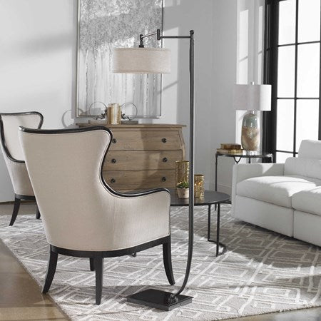 Uttermost Lamine Dark Bronze Floor Lamp With Beige Linen Shade - Image 1