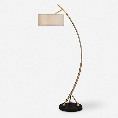 Uttermost Vardar Brushed Brass Curved Floor Lamp Beige Linen Shade - Image 2
