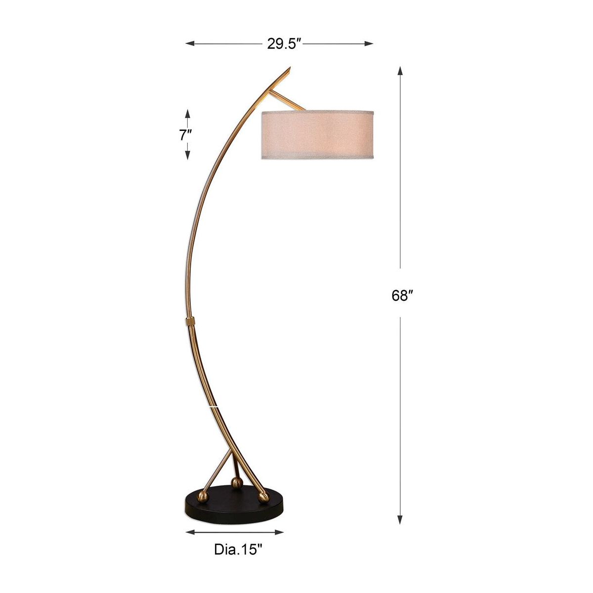Uttermost Vardar Brushed Brass Curved Floor Lamp Beige Linen Shade - Image 3