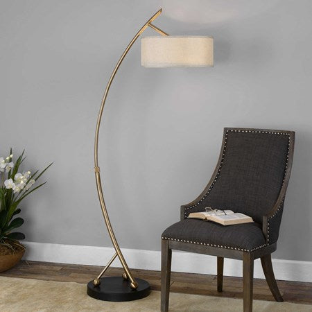 Uttermost Vardar Brushed Brass Curved Floor Lamp Beige Linen Shade - Image 1