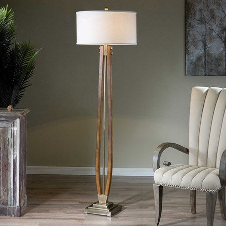 Uttermost Boydton Wood and Coffee Bronze Iron Floor Lamp With Light Beige Linen Shade - Image 2