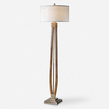 Uttermost Boydton Wood and Coffee Bronze Iron Floor Lamp With Light Beige Linen Shade - Image 1