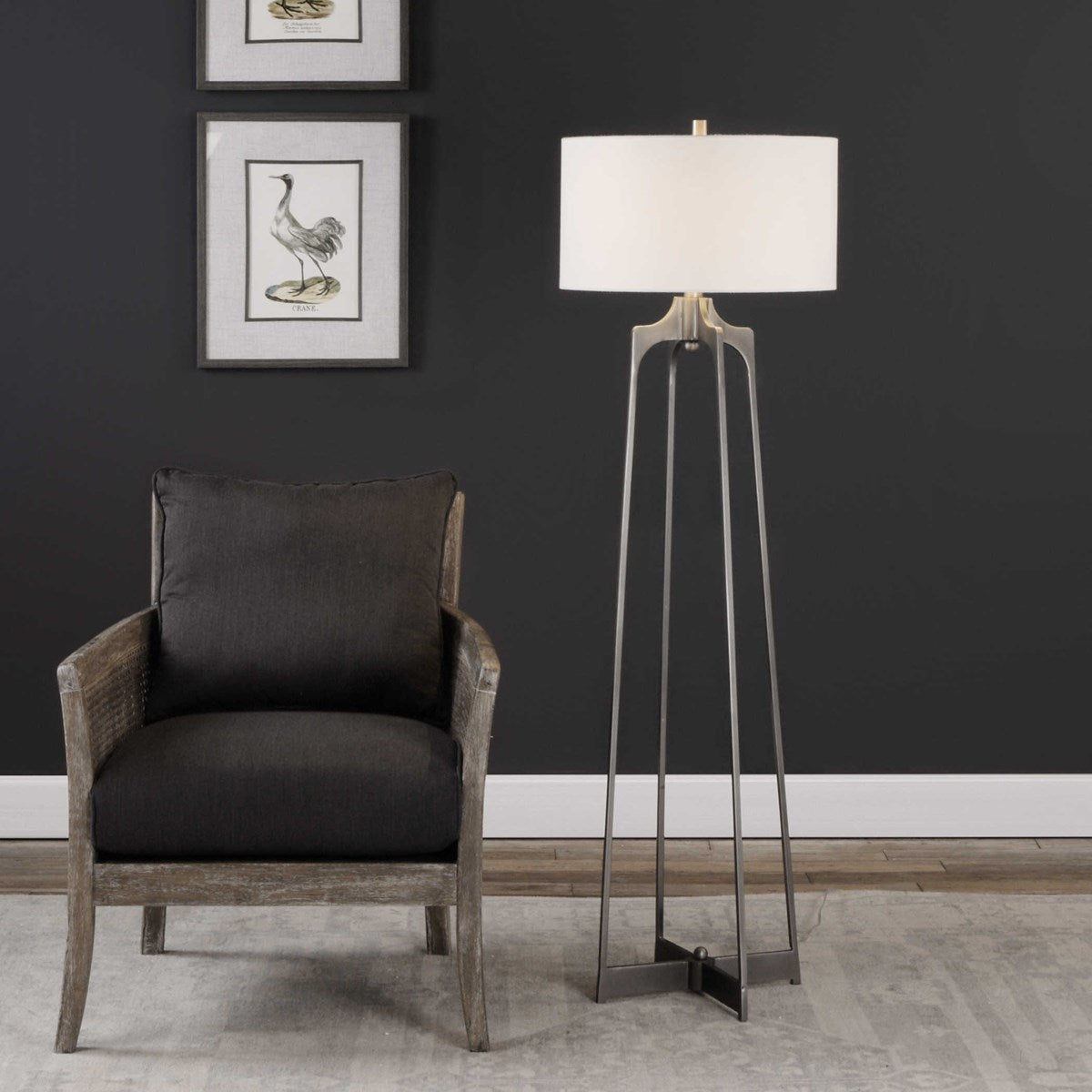 Uttermost Adrian Aged Gun Metal Forged Steel Floor Lamp With White Linen Drum Shade - Image 3
