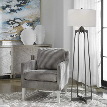 Uttermost Adrian Aged Gun Metal Forged Steel Floor Lamp With White Linen Drum Shade - Image 1
