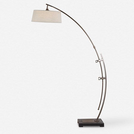 Uttermost Calogero Dark Bronze Arc Floor Lamp With Light Beige Linen Shade - Image 2