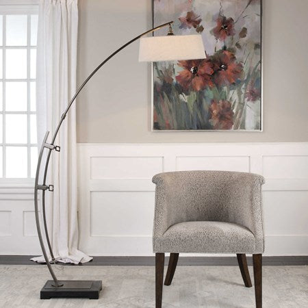 Uttermost Calogero Dark Bronze Arc Floor Lamp With Light Beige Linen Shade - Image 1