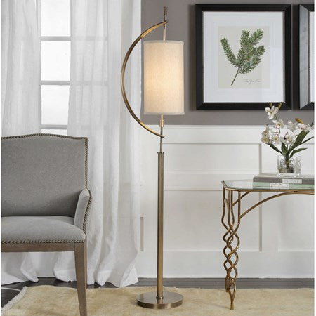 Uttermost Balaour Antique Brass Floor Lamp With Light Beige Linen Shade - Image 1