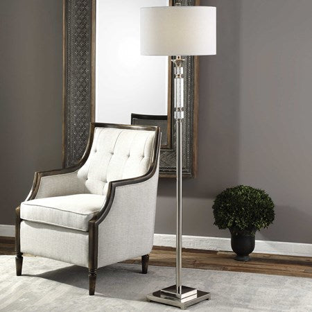 Uttermost Volusia Polished Nickel and Crystal Floor Lamp With White Linen Shade - Image 1